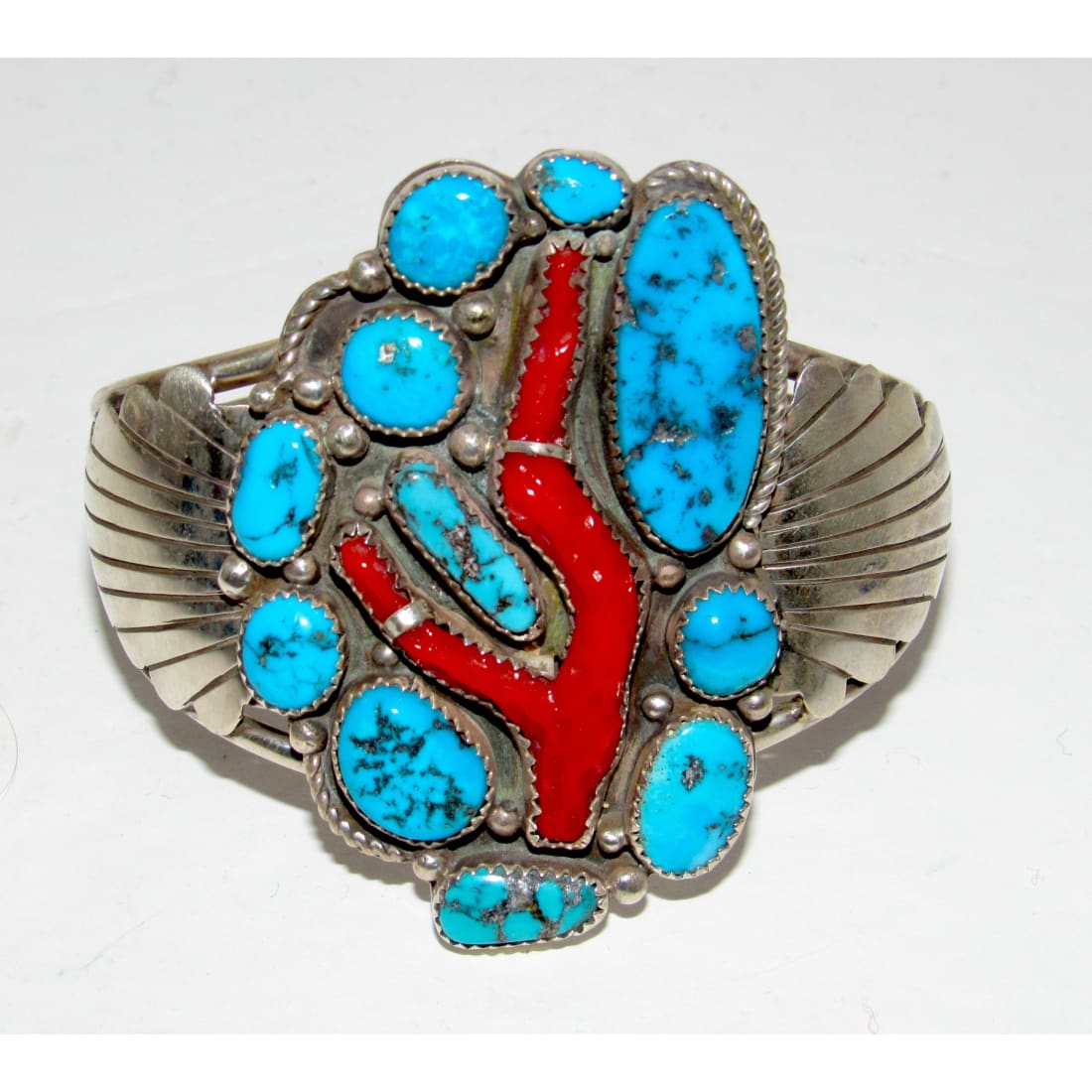 Spectacular Early Navajo Turquoise Coral Sterling Silver Cuff Bracelet
