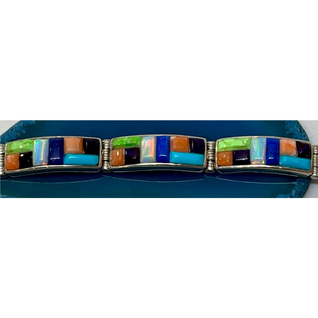Navajo Cobblestone Inlay Link Bracelet Spiny Oyster Turquoise Lapis Gaspeite