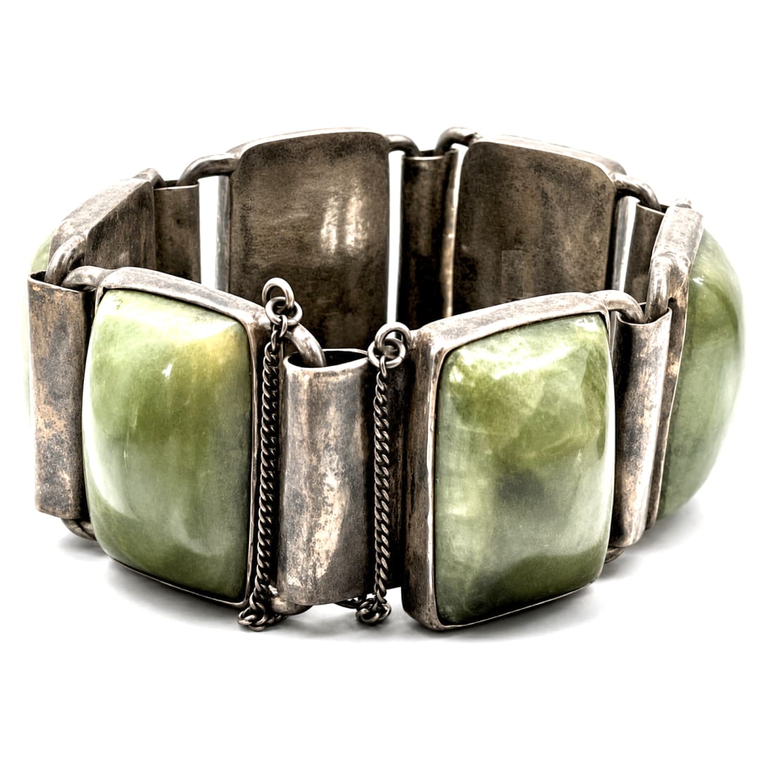 Vintage Pre-Eagle Taxco Mexico Sterling Silver Mexican Jade Panel Bracelet