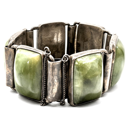 Vintage Pre-Eagle Taxco Mexico Sterling Silver Mexican Jade Panel Bracelet