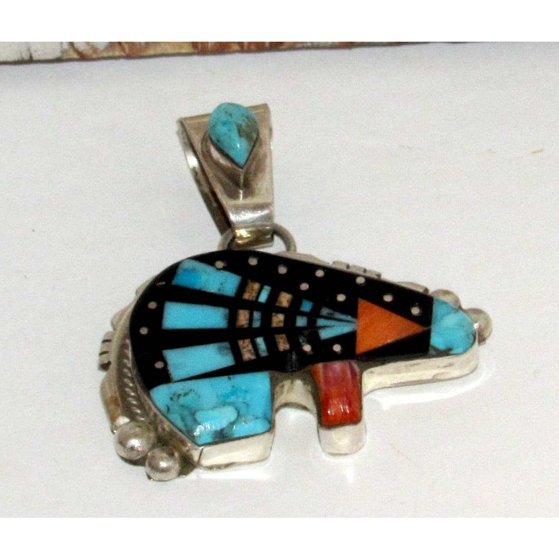 Navajo Ray Jack Bear Pendant Turquoise Spiny Jet Inlay Native American ...