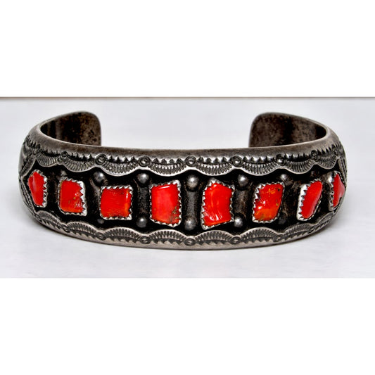 Vintage Navajo Mediterranean Coral Cuff Cluster Bracelet Sterling Silver W Musket