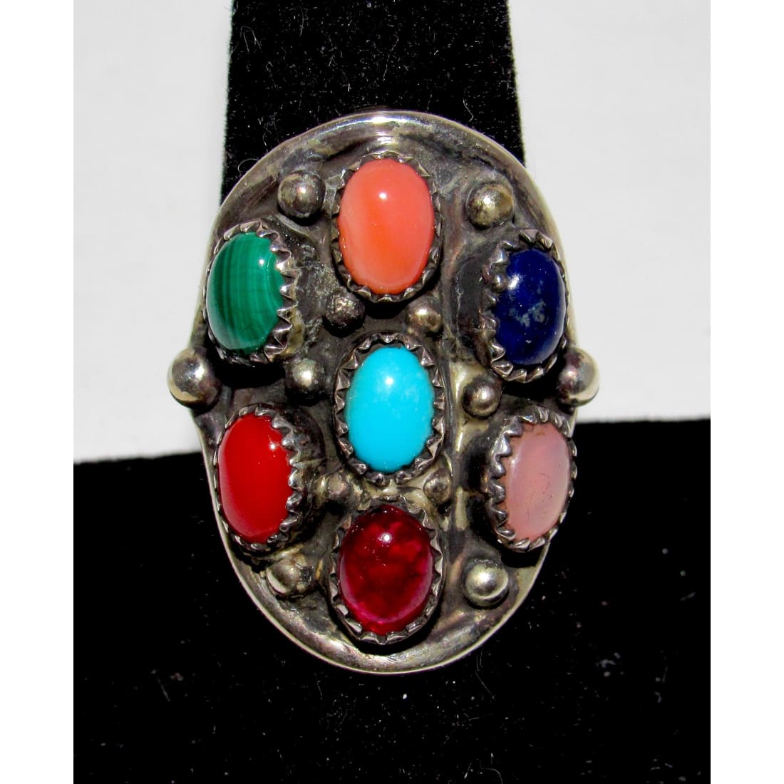 Navajo Cluster Ring Sz 9 Sterling Silver Turquoise Coral Spiny Oyster Lapis