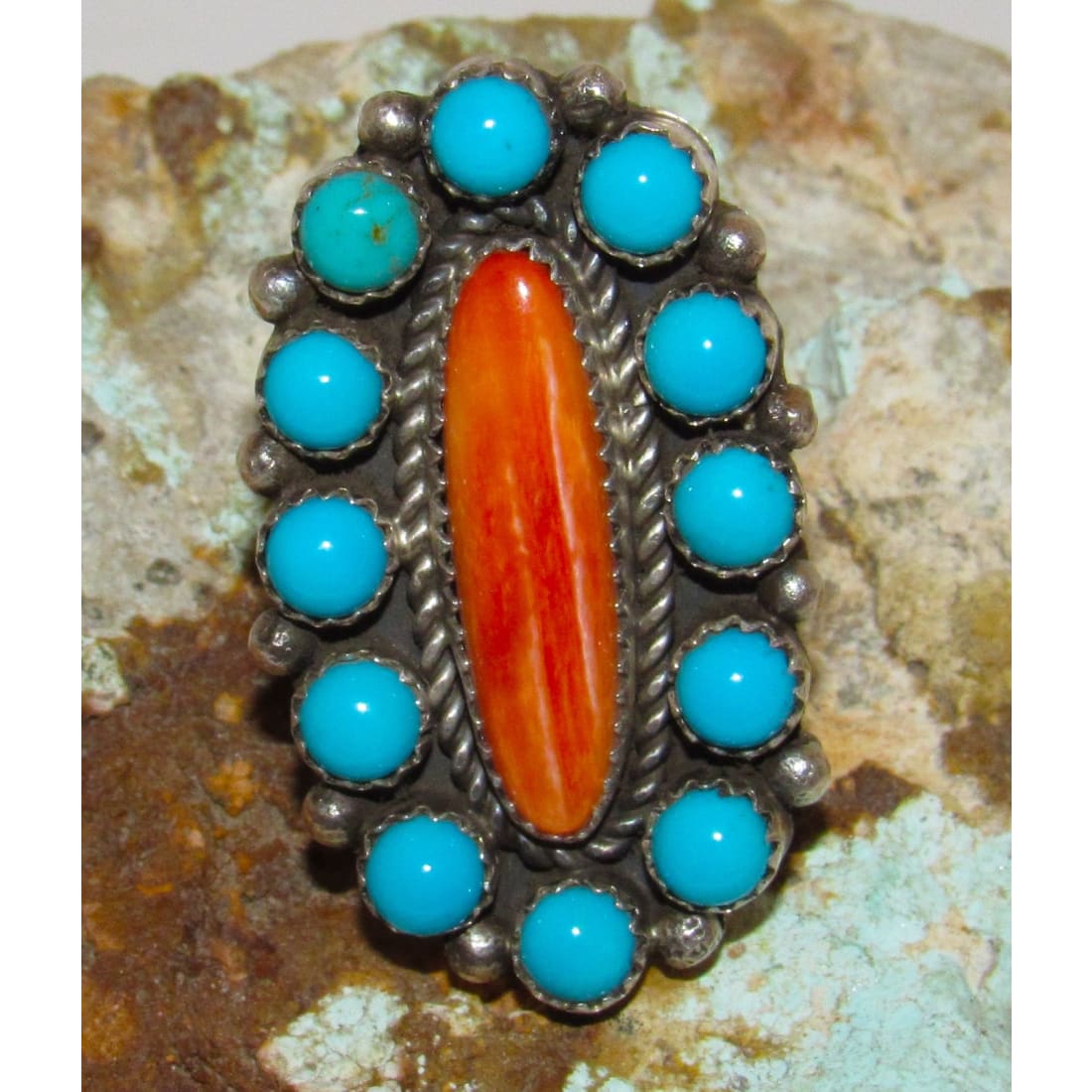 Navajo Turquoise Orange Spiny Cluster Ring Size 8.5 Sterling P. Yazzie