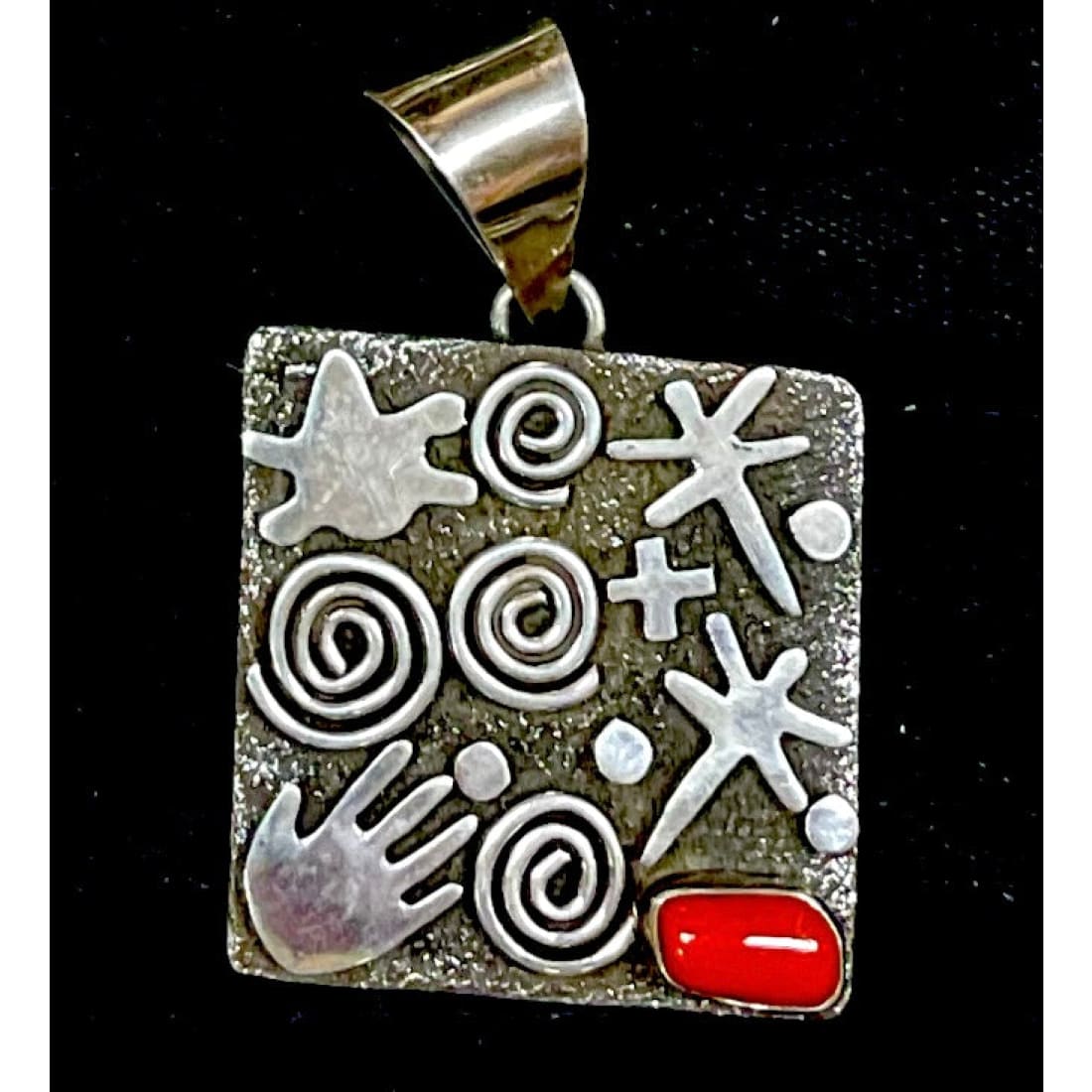 Massive Navajo Alex Sanchez Petroglyph Pendant Sterling Silver Coral
