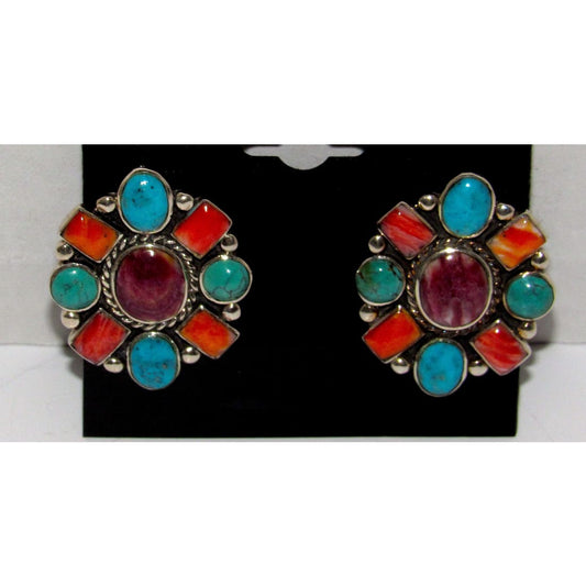 Vintage Navajo Turquoise Purple Orange Spiny Cluster Earrings Sterling Silver