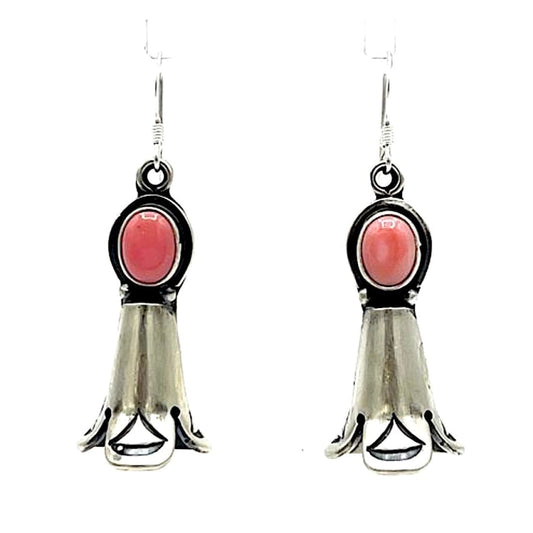 Navajo Pink Conch Squash Blossom Dangle Earrings Sterling Silver Signed