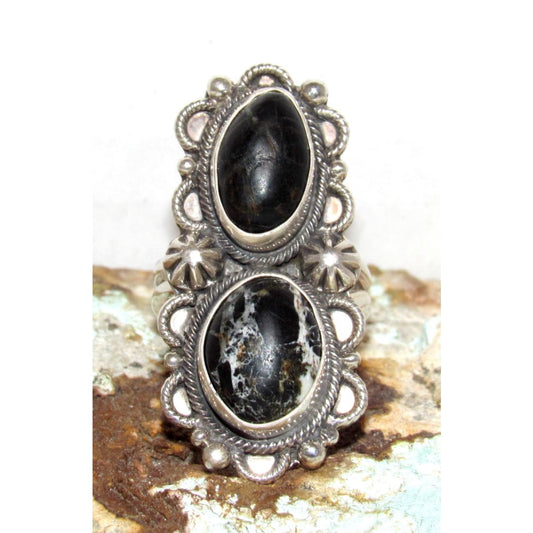 Navajo White Buffalo Ring Sz 9 Adjustable Sterling Silver Signed