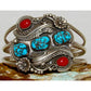 Old Pawn Navajo Turquoise Coral Sterling Silver Blossom Statement Cuff Bracelet