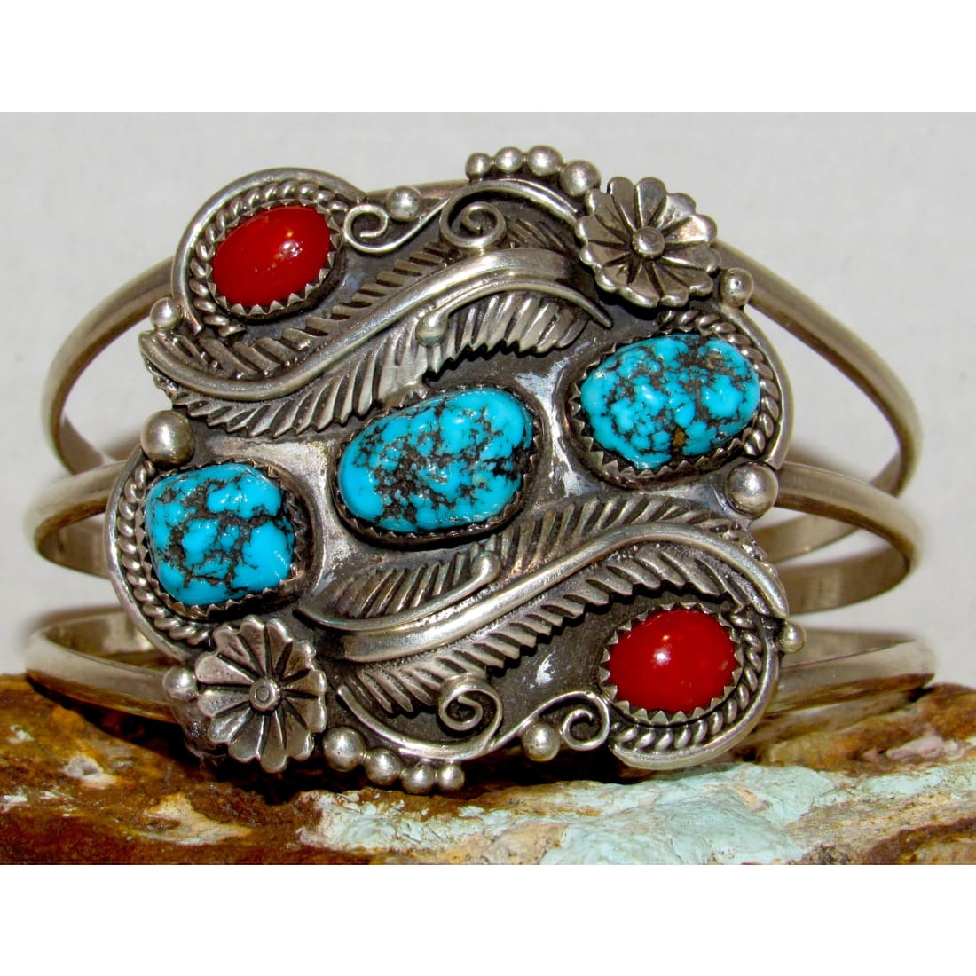 Old Pawn Navajo Turquoise Coral Sterling Silver Blossom Statement Cuff Bracelet