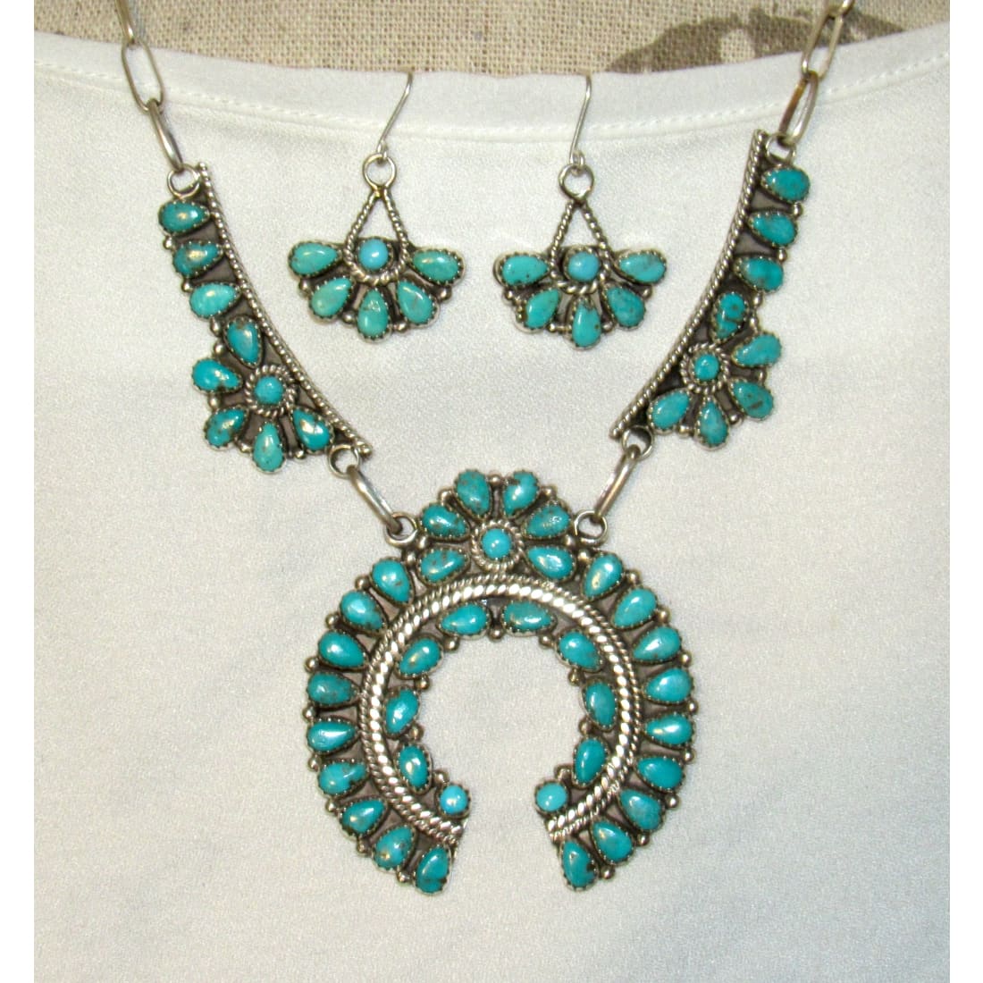 Navajo Turquoise Cluster Naja Squash Blossom Necklace & Earrings Set Sterling Nez