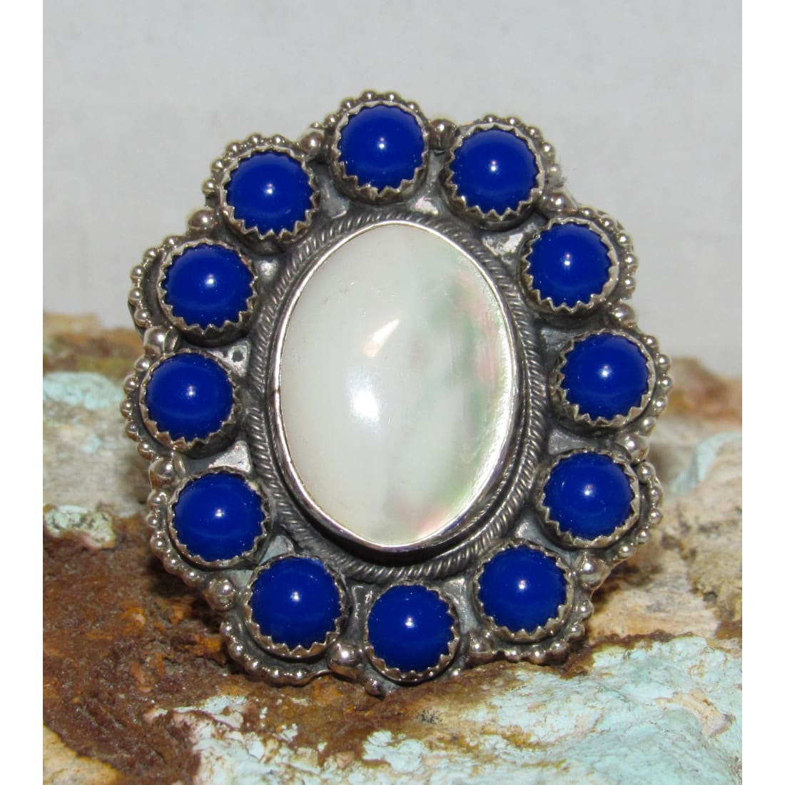 Navajo Mother of Pearl Ring Lapis Lazuli Cluster Ring Size 8.5 Sterling Silver