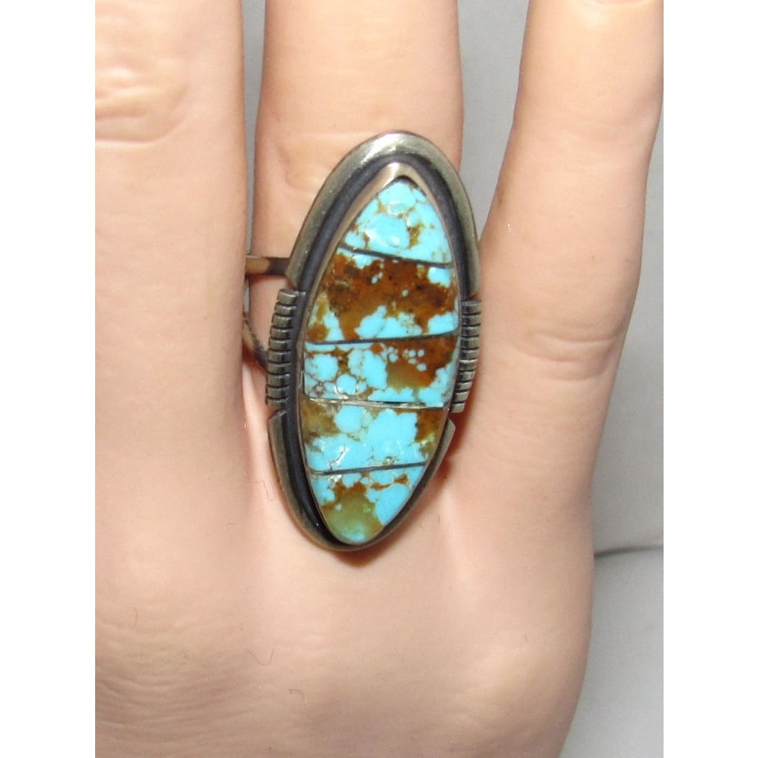 Navajo Number 8 Turquoise Inlay Ring Sz 7.5 Sterling Silver Steve Francisco