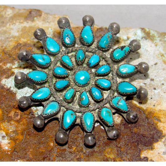 Old Pawn Zuni Petit Point Turquoise Cluster Brooch Pin Sterling Silver