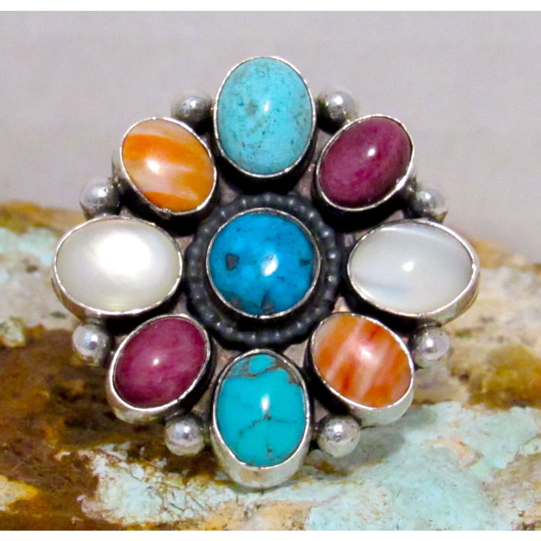 Navajo Turquoise Spiny MOP Cluster Ring Sz 7.5 Sterling Silver A. Bahe