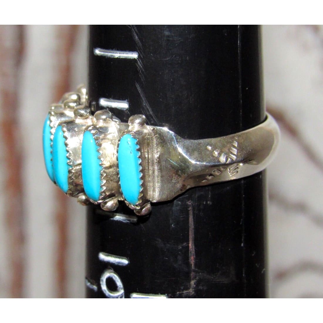 Zuni Sleeping Beauty Turquoise Ring Sz 7.5 Petite Point Design Sterling Silver
