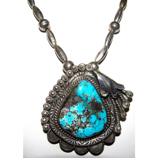 VTG Navajo Morenci Turquoise Pendant Necklace Sterling Navajo Pearls Necklace