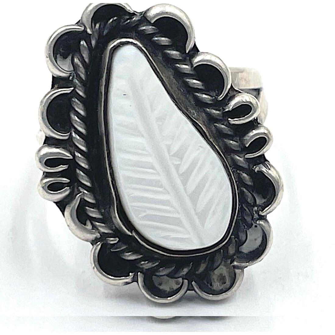 Zuni Carved Mother of Pearl Leaf Ring Size 7 Sterling Jack Weekoty