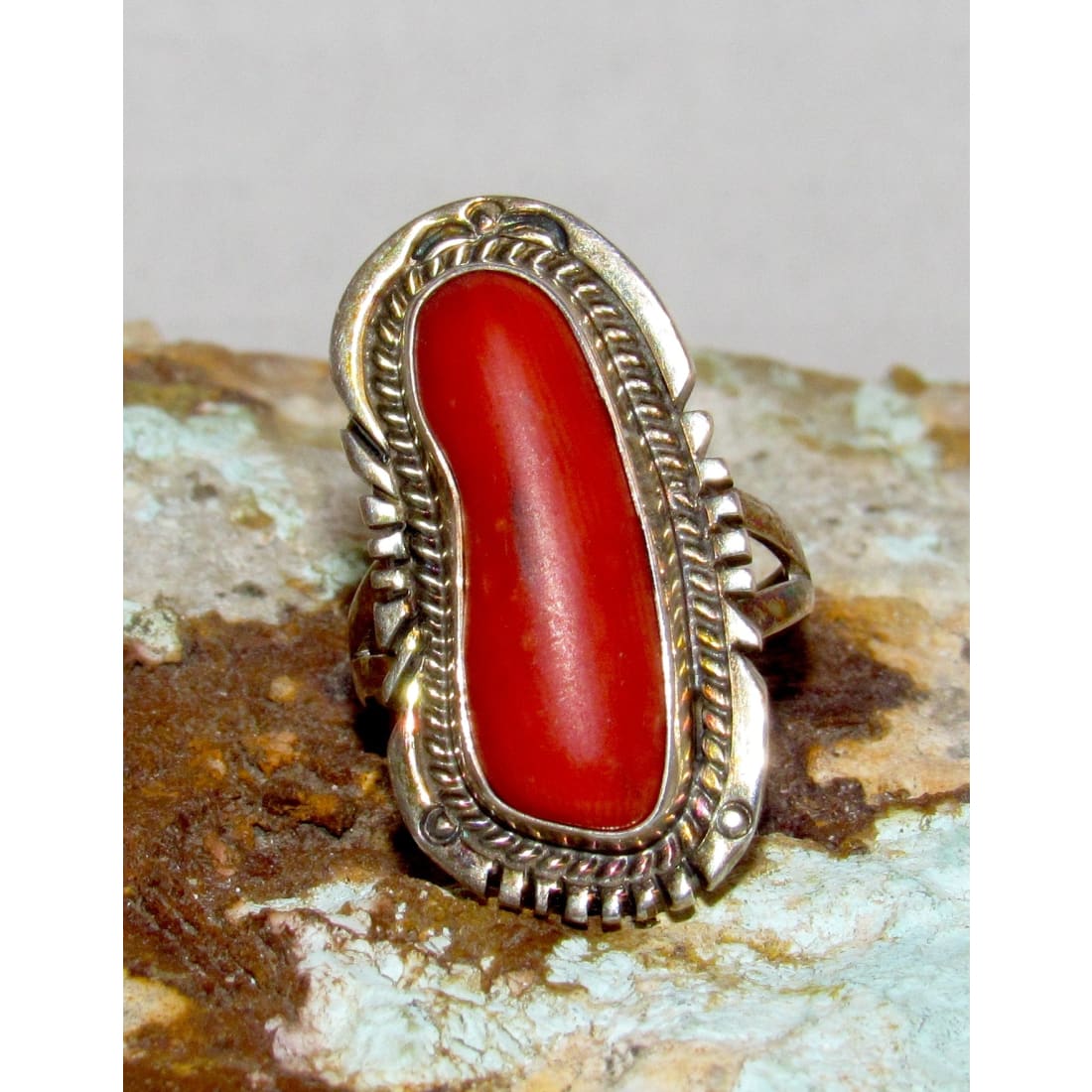 Old Pawn Navajo Mediterranean Coral Ring Size 6 Sterling Silver Native American