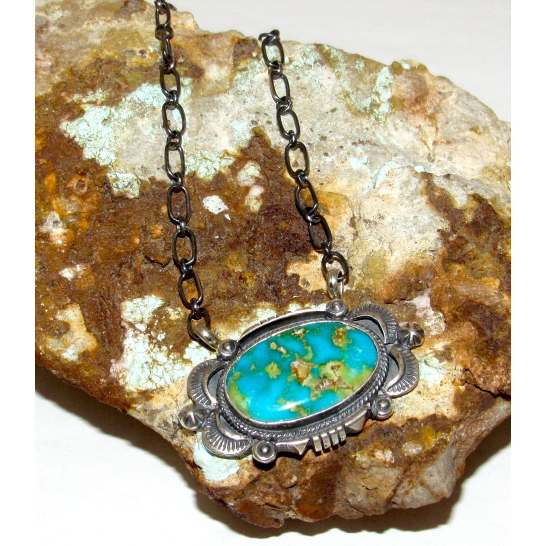 Navajo Royston Turquoise Bar Necklace Sterling Native American Signed