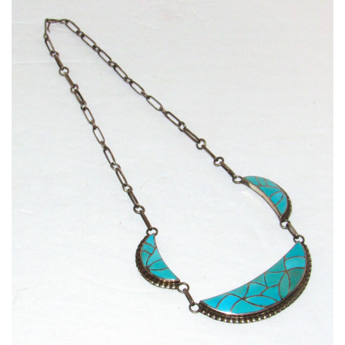 Old Pawn Zuni Turquoise Inlay Necklace Sterling Silver Orlinda Natewa