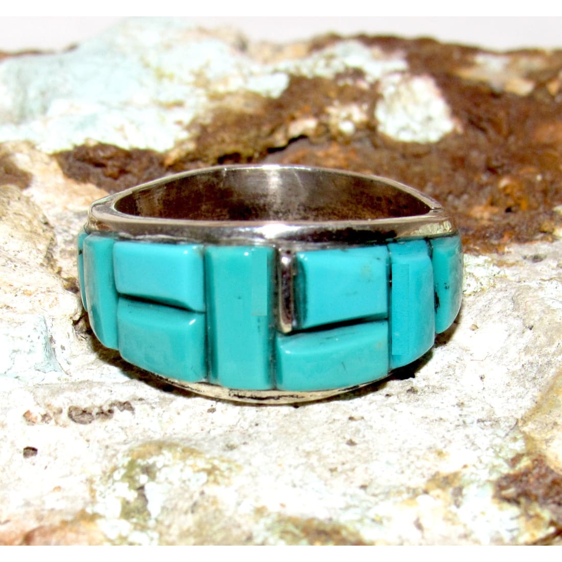 Navajo Turquoise Cobble Inlay Ring Sz 9 Sterling Silver Edison Yazzie