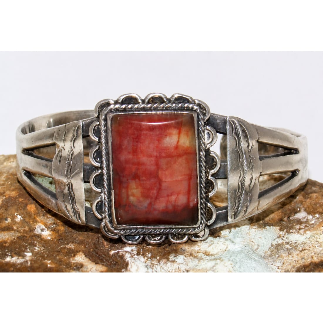 Vintage Navajo Petrified Wood Cuff Bracelet Sterling Silver Native American