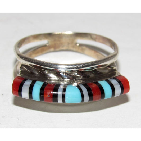 Vintage Zuni 3D Coral Turquoise Inlay Band Ring Size 7.5 Sterling Silver