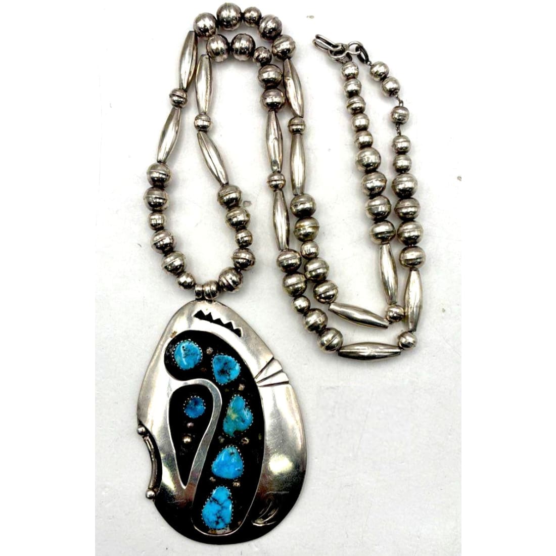 Old Pawn Navajo Kingman Turquoise Pendant Necklace Sterling Navajo Pearls Necklace