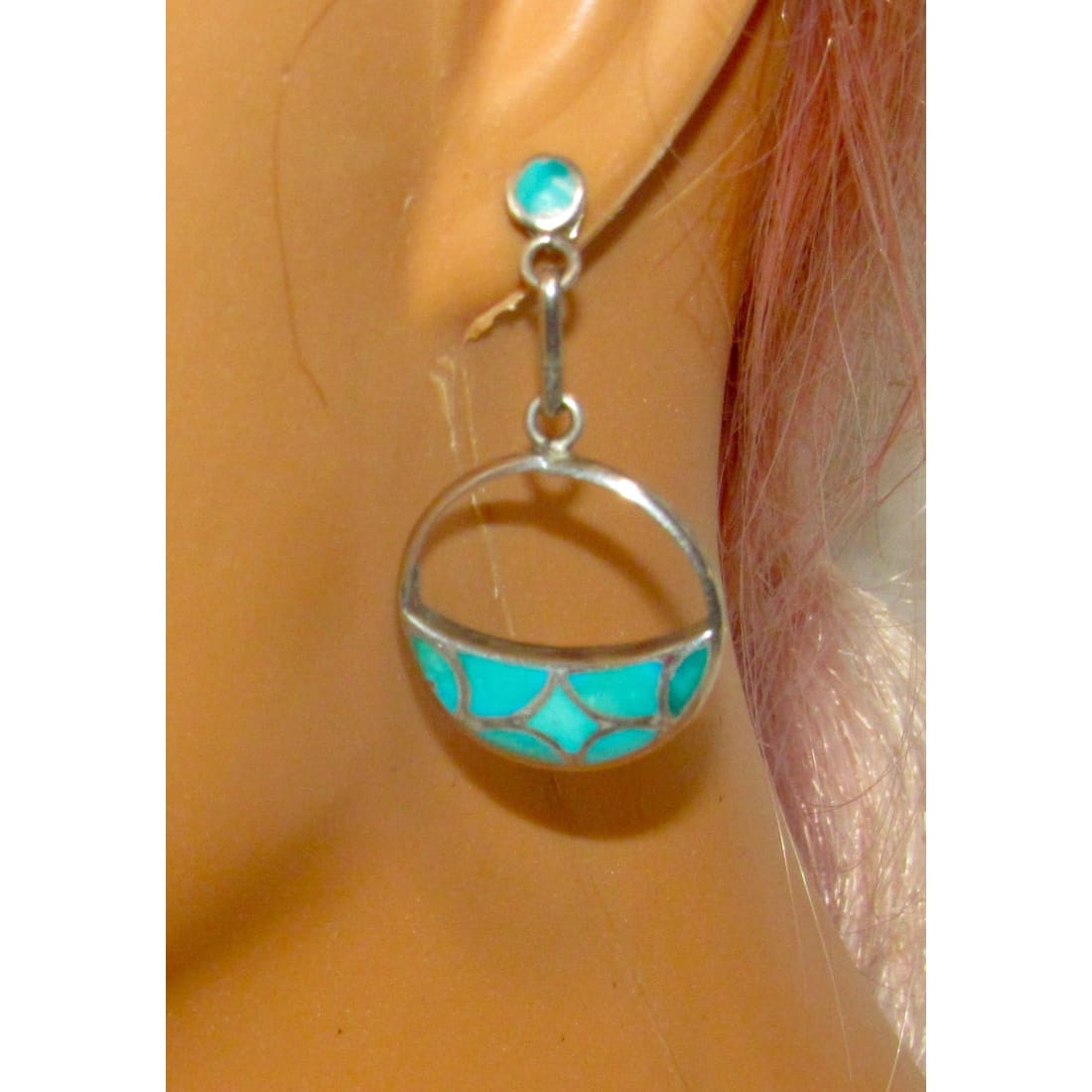 Old Pawn Zuni Turquoise Fish Scale Inlay Dangle Earrings Sterling Silver