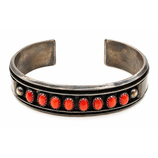 Old Pawn Hopi Coral Cluster Stacker Cuff Bracelet  Sterling Silver M. Jenkins
