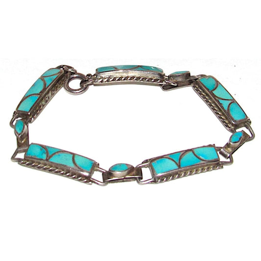 Old Pawn Zuni Link Bracelet Fish Scale Inlay Turquoise Sterling Silver Native