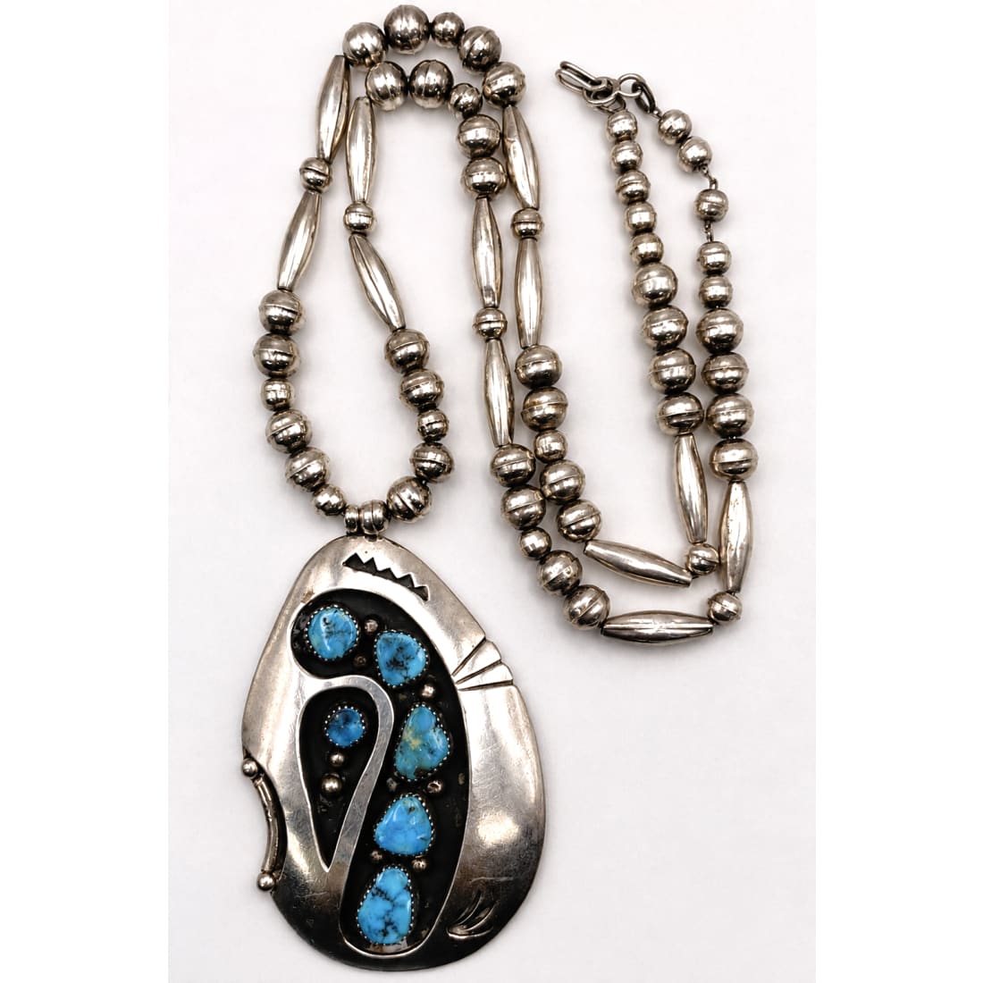 Old Pawn Navajo Kingman Turquoise Pendant Necklace Sterling Navajo Pearls Necklace