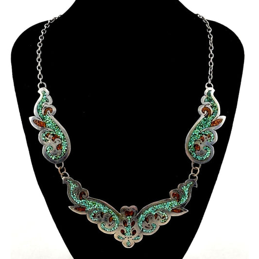 Vintage Navajo Turquoise Coral Inlay Necklace Native American