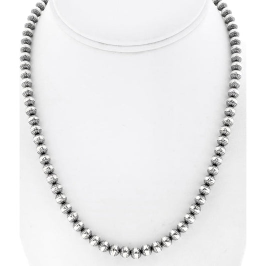 Native American Navajo pearls necklace sterling silver beaded design on display stand