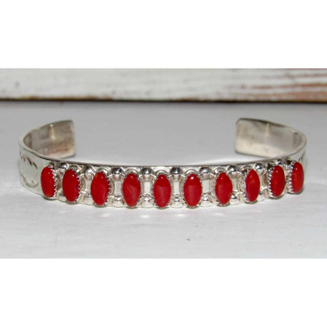 Zuni Coral Cuff Bracelet Sterling Silver Stacker Native American Coonsis