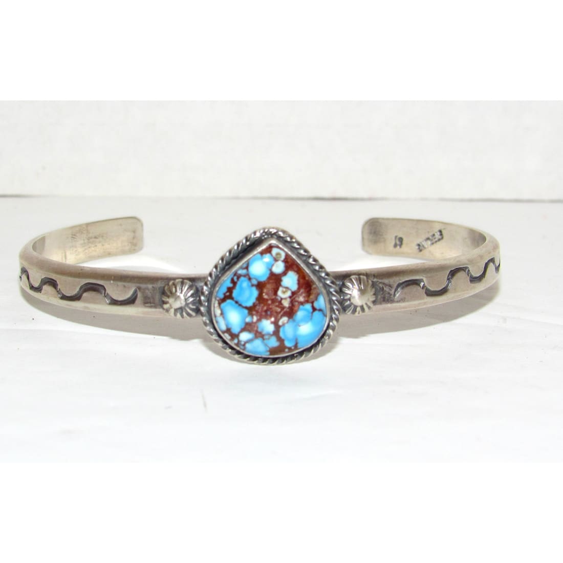Navajo Golden Hills Turquoise Stacker Cuff Sterling Hand Etched Bracelet S. Yellowhair