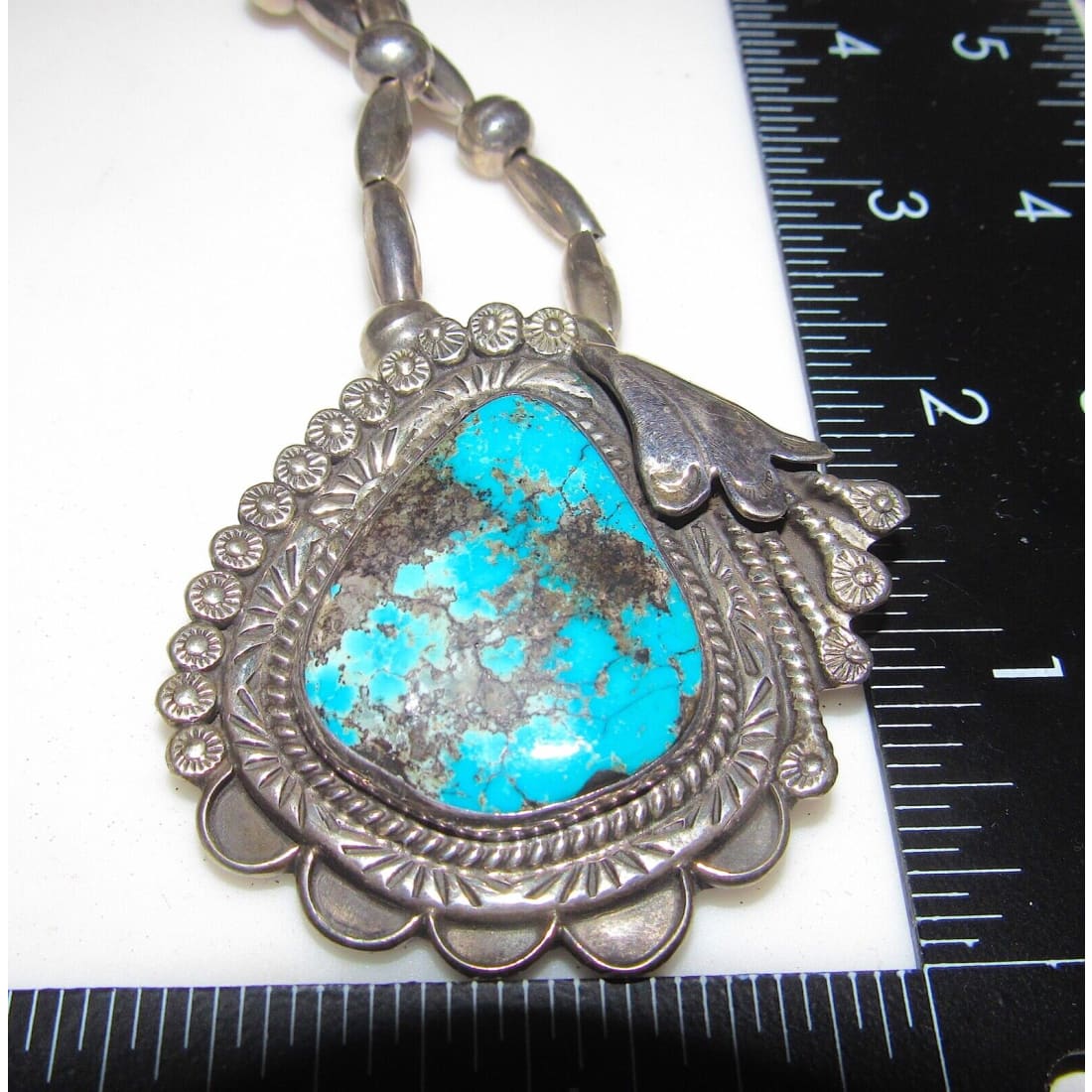 VTG Navajo Morenci Turquoise Pendant Necklace Sterling Navajo Pearls Necklace