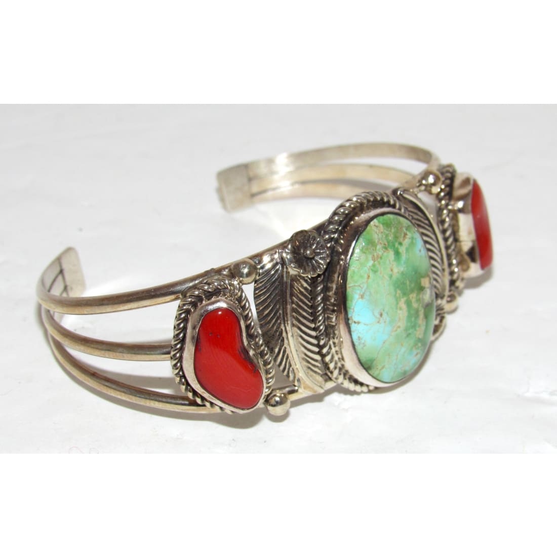 Navajo Royston Turquoise Coral Cuff Bracelet Sterling Silver J Begay