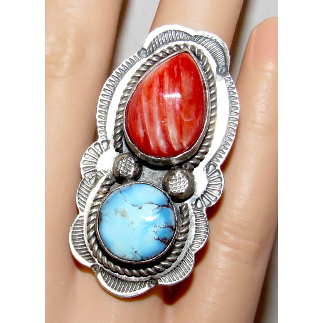 Navajo Golden Hills Turquoise Spiny Statement Adjustable Ring Sz 7.5 Boyd Ashley