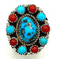 Navajo Turquoise Coral Cluster Ring Size 8 Sterling Silver Signed Native American