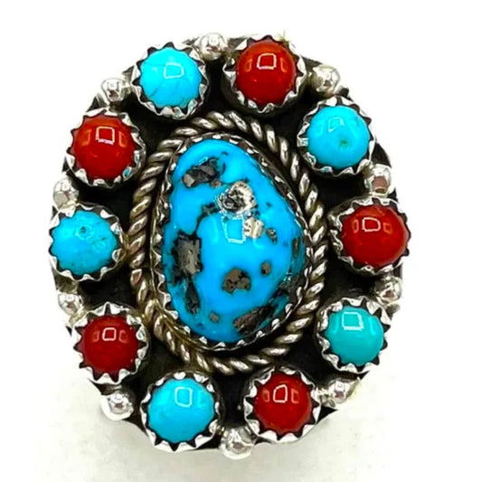 Navajo Turquoise Coral Cluster Ring Size 8 Sterling Silver Signed Native American