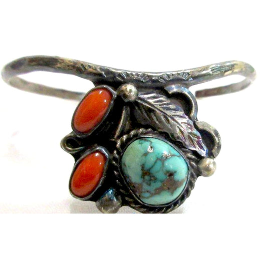 Old Pawn Navajo Turquoise Coral Sterling Silver Stacker Cuff Bracelet