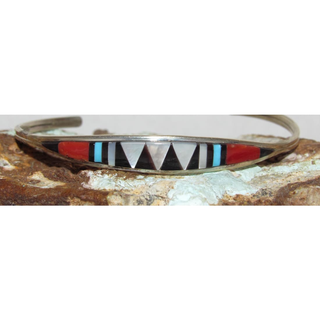 Zuni Inlay Turquoise Coral Bracelet Sterling Silver C. Weebothee Stacker