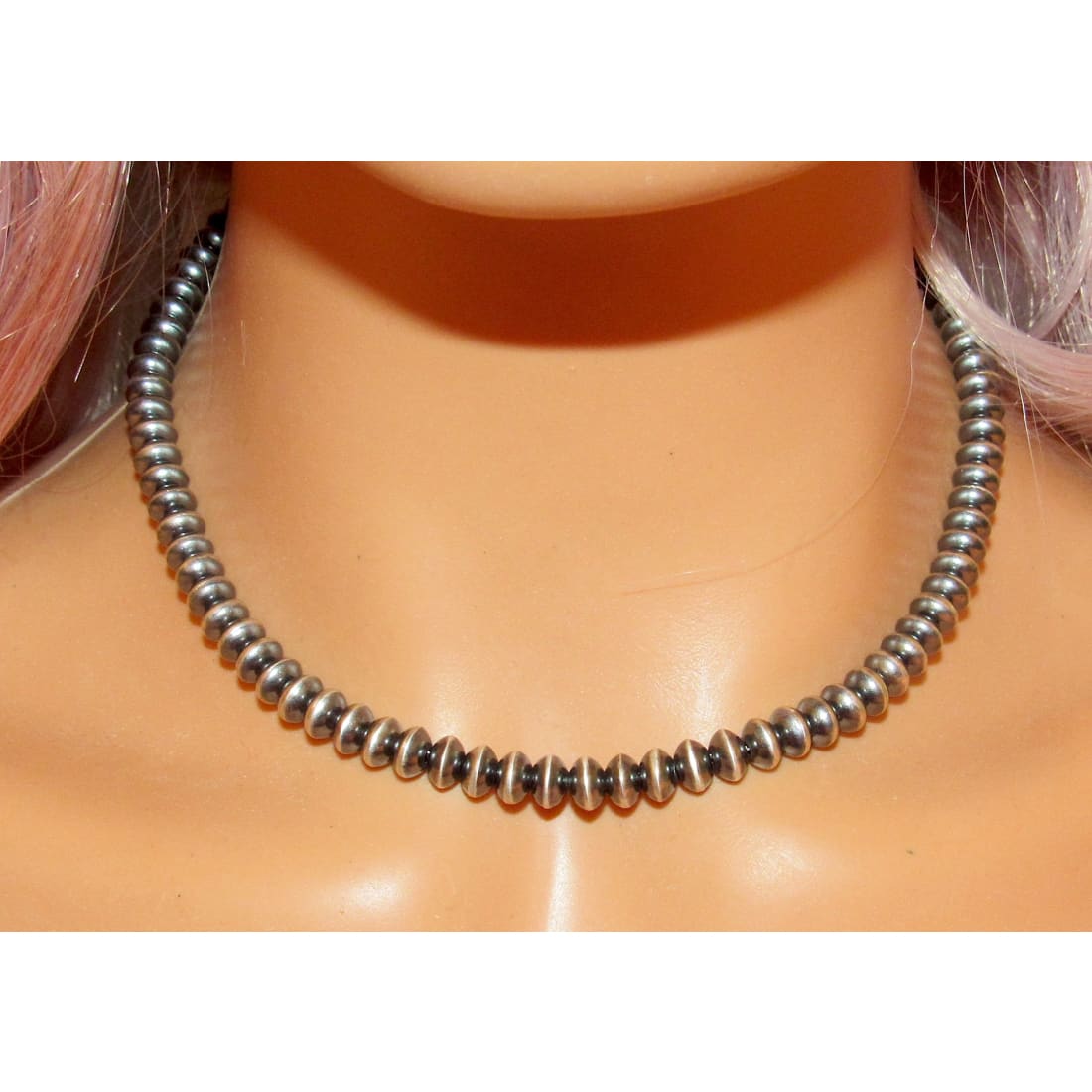 6mm Navajo Pearls Necklace Sterling Silver Saucer Beads Choker Necklace 16"L