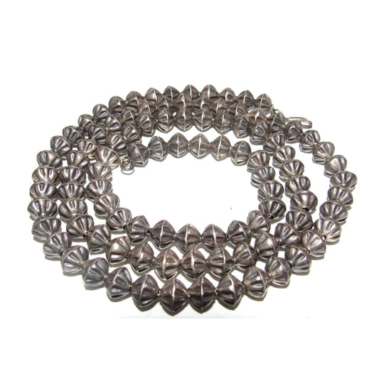 Vintage Navajo Pearls Necklace Sterling Silver Stamped Fluted Beads 24"L