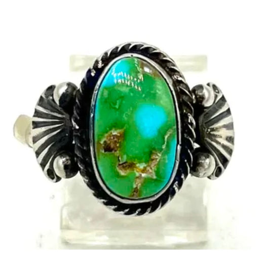 Navajo Royston turquoise ring size 10 with sterling silver details by J. Largo, featuring a vibrant green stone.