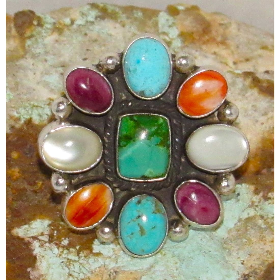 Navajo Turquoise Spiny MOP Cluster Ring Sz 8 Sterling Silver A. Bahe