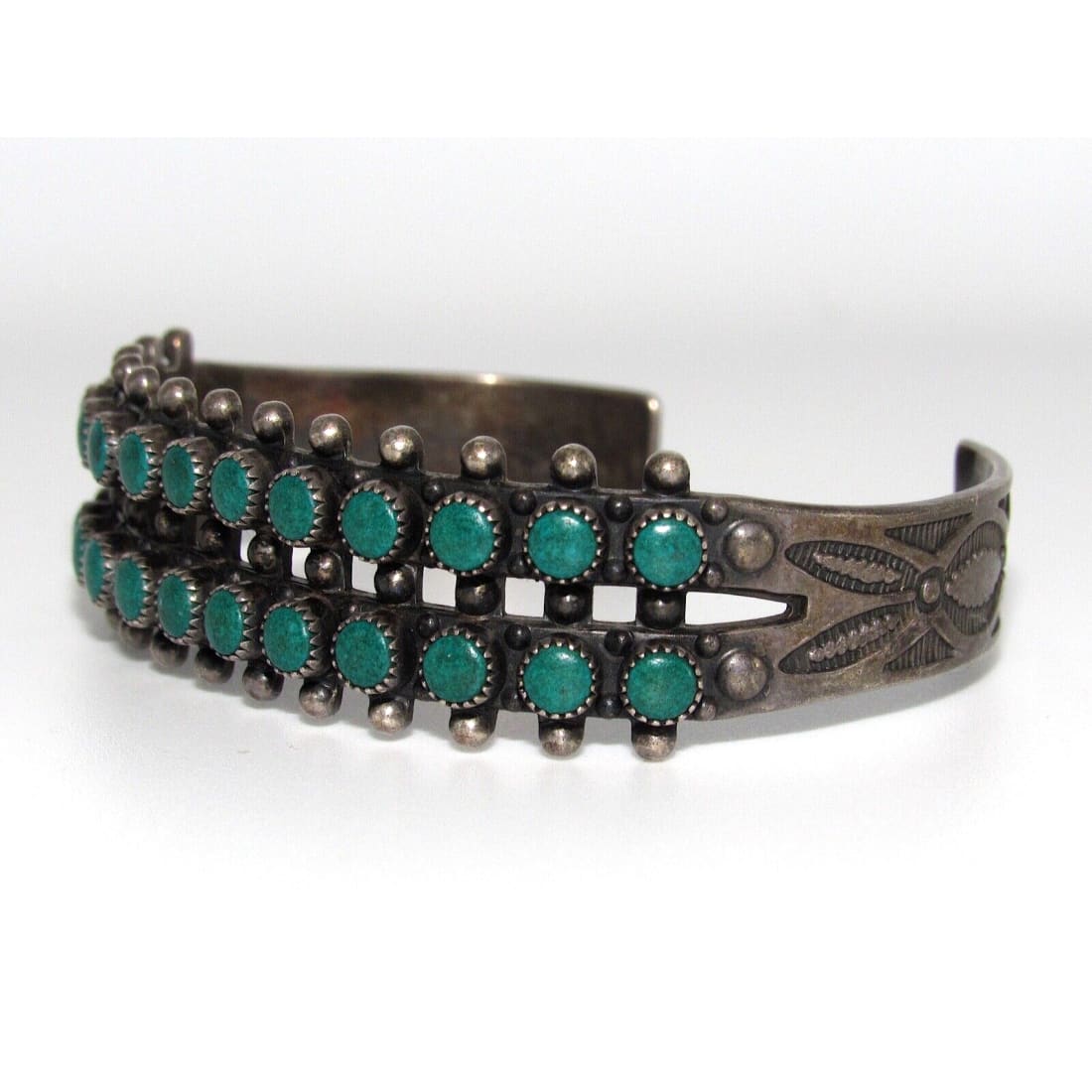 Old Pawn Zuni Snake Eye Turquoise Double Row Cuff Bracelet Sterling Silver