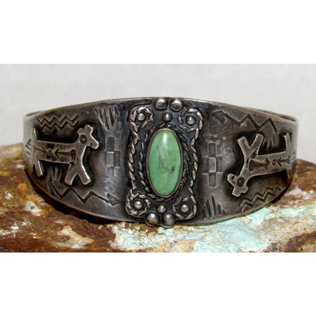 Fred Harvey Era Bracelet Navajo Sterling Turquoise Dog/Horse Snake Cuff Old Pawn